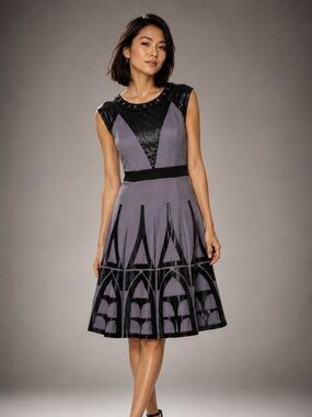 Simon Chang Beaded Cocktail Dress Gray Black Art Deco Fit & Flare Size 8
